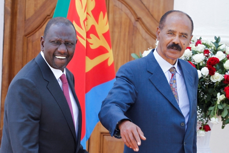 Eritrean President Isaias Afwerki arrives for a joint news conference with his Kenyan counterpart William Ruto during his visit in State House in Nairobi, the 9th of February 2023.
