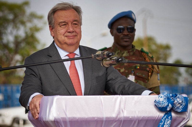 United Nations Secretary General Antonio Guterres delivers a speech during the ceremony of Peacekeepers' Day at the operating base of MINUSMA in Bamako on 29 May 2018.