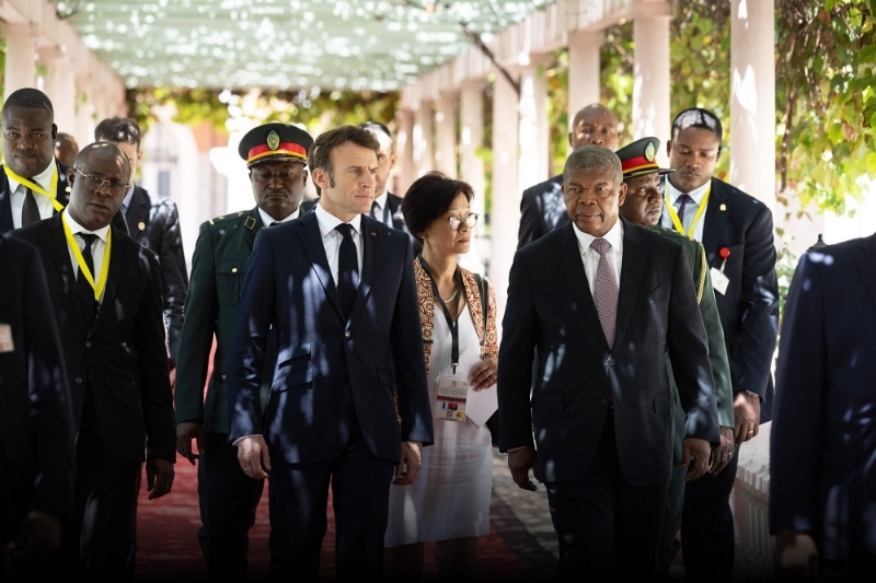 French president Emmanuel Macron and president of Angola Joao Lourenco at the presidential palace in Luanda on 3 March 2023.