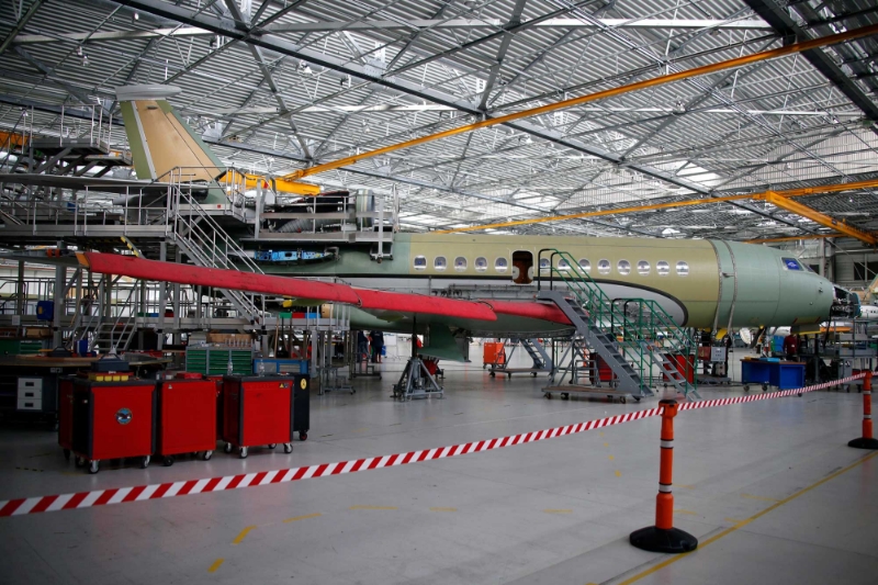 A Falcon 7X aircraft in the factory of French aircraft manufacturer Dassault Aviation in Merignac near Bordeaux.