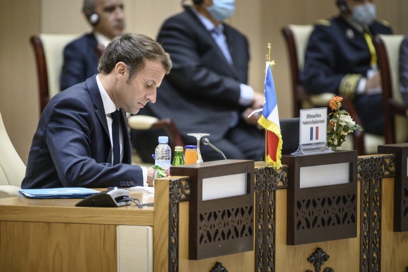 French President Emmanuel Macron during a meeting with the presidents of the G5 Sahel in Nouakchott.