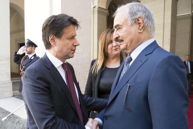 Italian Prime Minister Giuseppe Conte and Khalifa Haftar in Rome in May 2019.