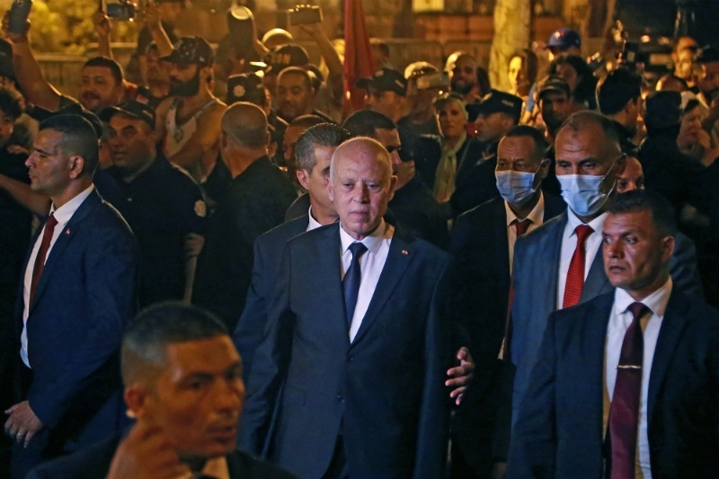 President Kais Saied with his supporters on Habib Bourguiba Avenue in the capital Tunis on July 26, 2022.
