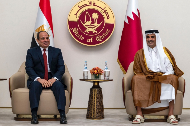 The Egyptian president with Emir Tamim bin Hamad Al Thani in Doha, Qatar, on 13 September 2022.
