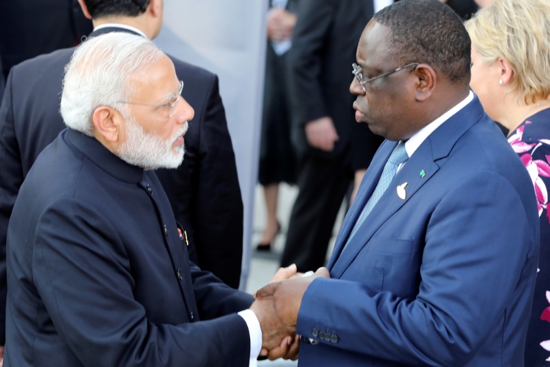 India's Prime Minister Narendra Modi and Senegal's President Macky Sall in Hamburg, northern Germany, on 7 July 2017.