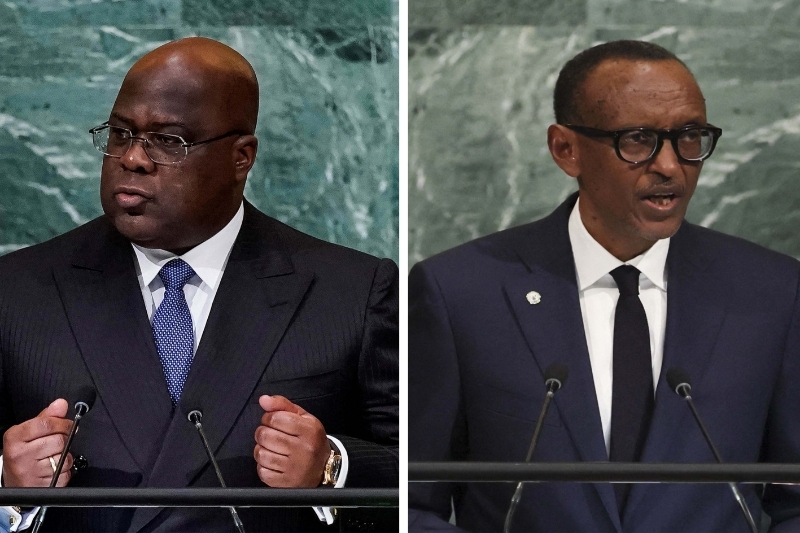 On the left the president of the DRC Félix Tshisekedi, on the right the president of Rwanda Paul Kagame
