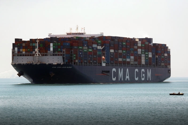 A CMA CGM container ship passing through the Suez Canal in Ismailia, in Egypt.