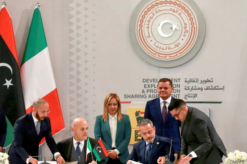 ENI CEO Claudio Descalzi and NOC chief Farhat Bengdara with Italian PM Giorgia Meloni and the head of Libya's national unity government, Abdelhamid Dabaiba, Tripoli, Libya, 28 January 2023.