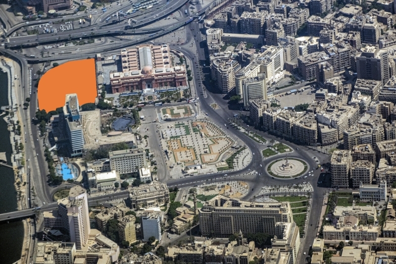 Aerial view of Tahrir Square in Cairo. The area on sale is shown in orange.