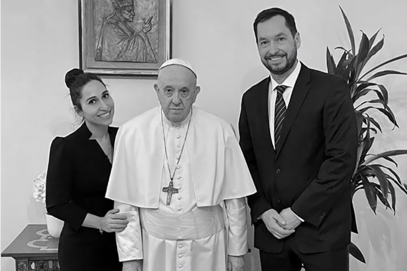 The Pope Francis with Leonid Sevastianov, the leader of the World Union of Old Believers, and his wife, the singer Svetlana Kasyan.